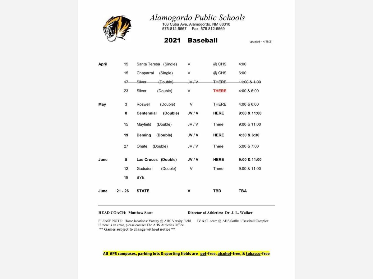 Alamogordo high School Tigers 2021 Baseball Schedule is now released