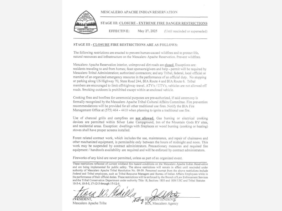 Mescalero Apache Reservation Enacts Stage 3 Fire Restrictions