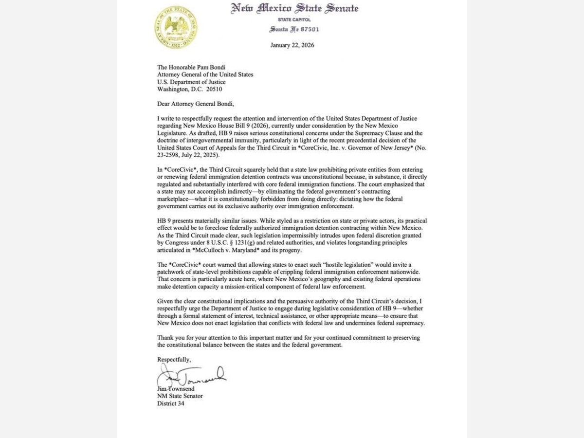 State Senator Townsend Appeals to DOJ Over ICE Contract Ban: Otero County Jobs, Debt, and Federal Authority at Stake
