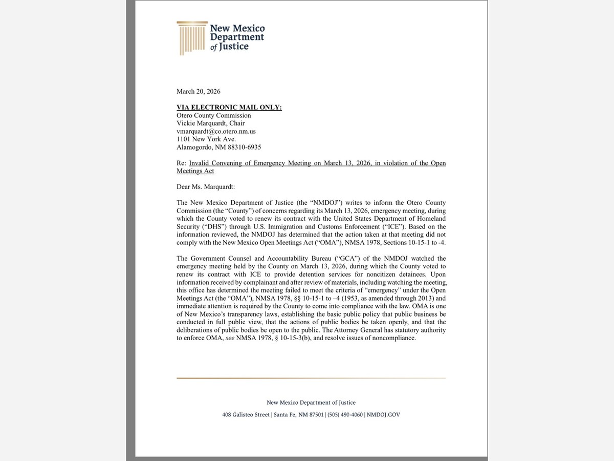 Otero County ICE Contract Renewal Deemed Invalid: NM Attorney General Cites Planning Failure, Not True Emergency - AG Letter Released 
