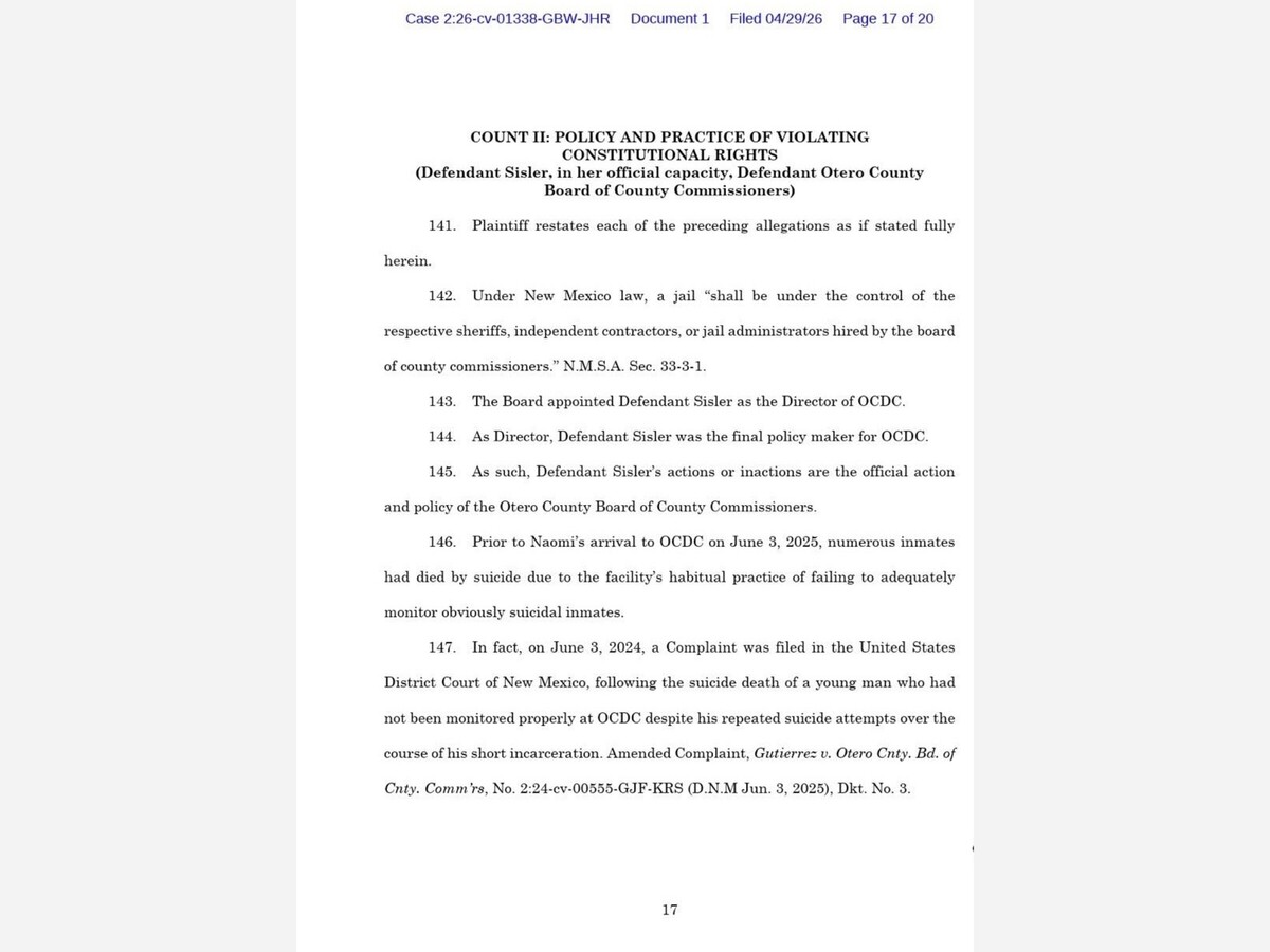 Otero County Faces Yet Another Federal Civil Rights Lawsuit Over Alleged Failures in Mental Health Care and Suicide Prevention at Detention Center
