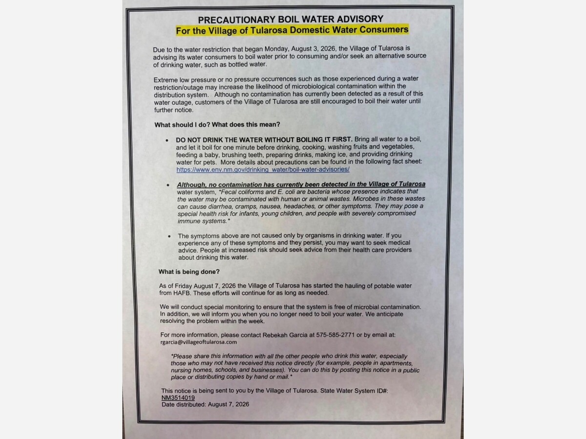 Tularosa Activates Emergency Water Distribution; No Contamination Detected Boil Water Advisory Precautionary Not Contamination Detected 