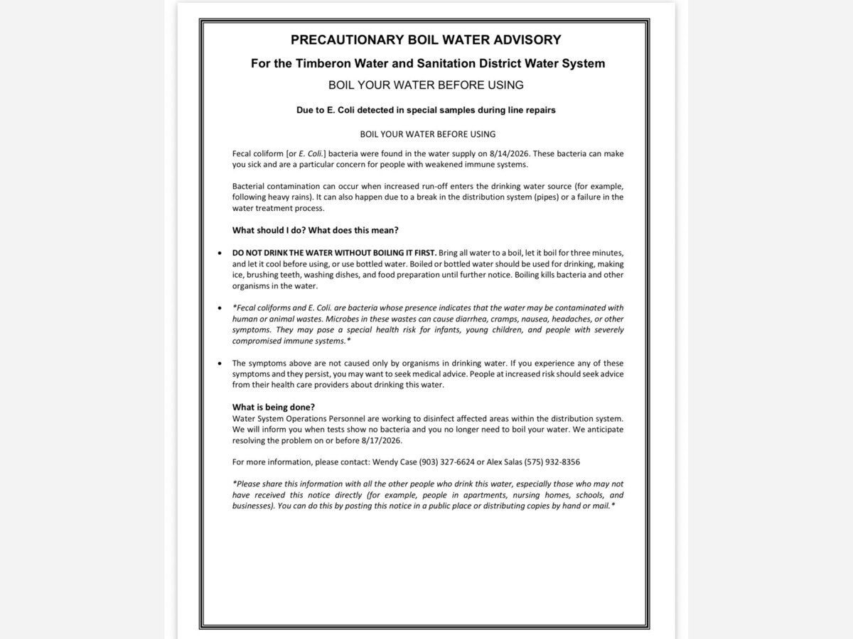 Aug 14th thru 17th, 2026 MANDATORY BOIL WATER ADVISORY ISSUED FOR TIMBERON WATER DISTRICT