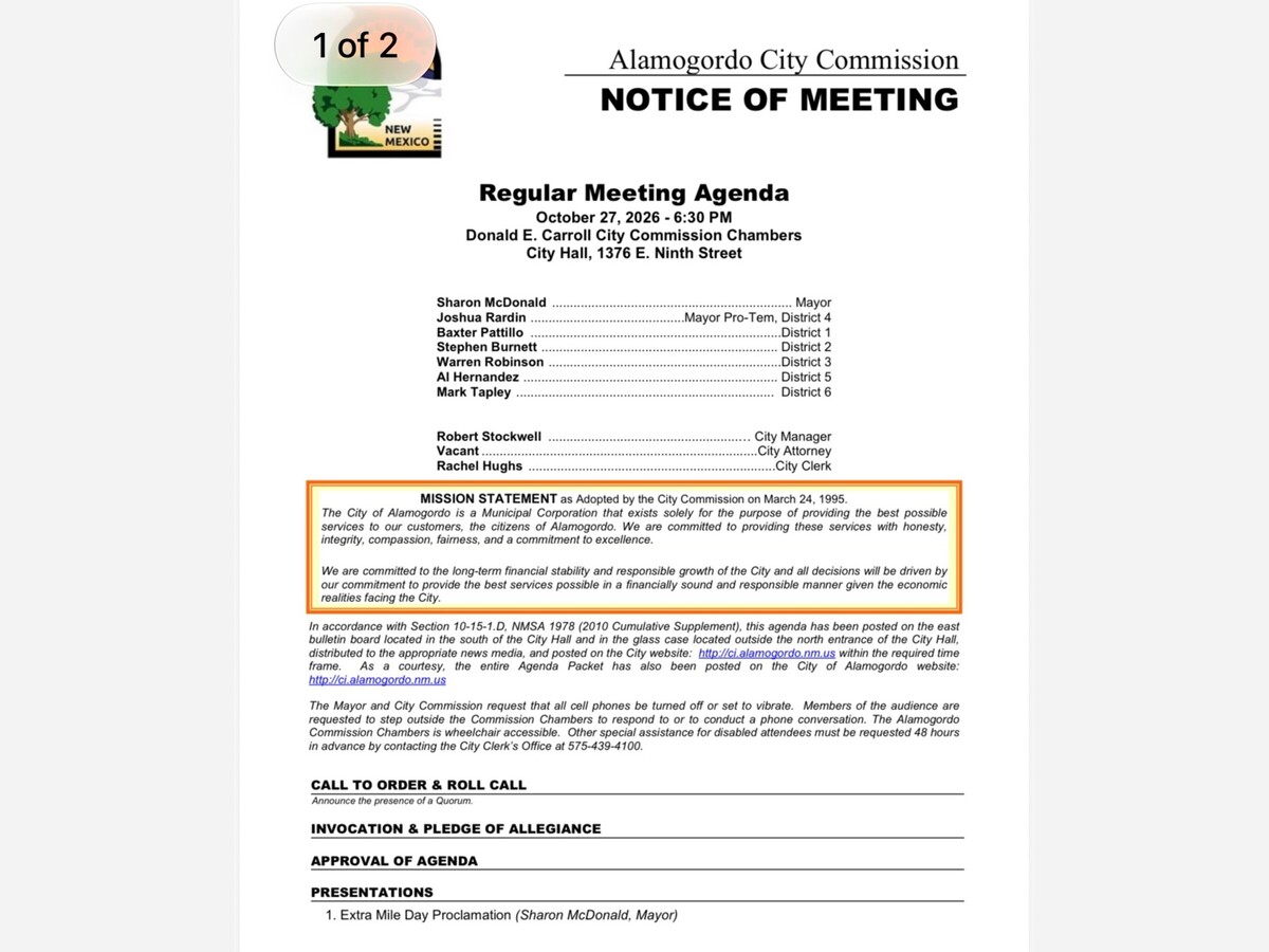 Save the Date: Alamogordo City Commission Meeting Tuesday 630 pm