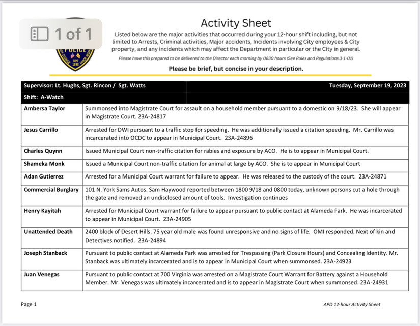 Alamogordo Police Department Activity and arrest 18th thru 19th 2023 ...