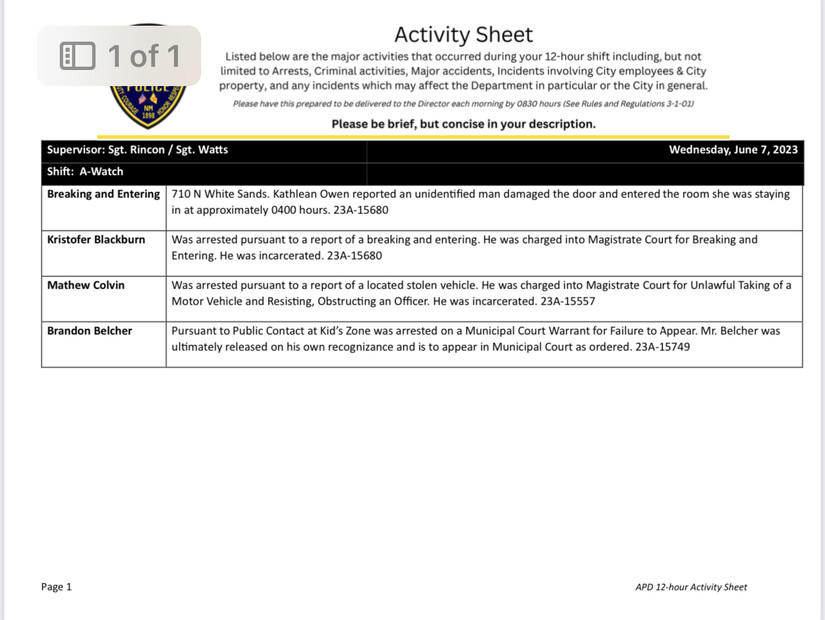 Alamogordo Police Activity Logs June 6 thru 8, 2023 2nd Life Media