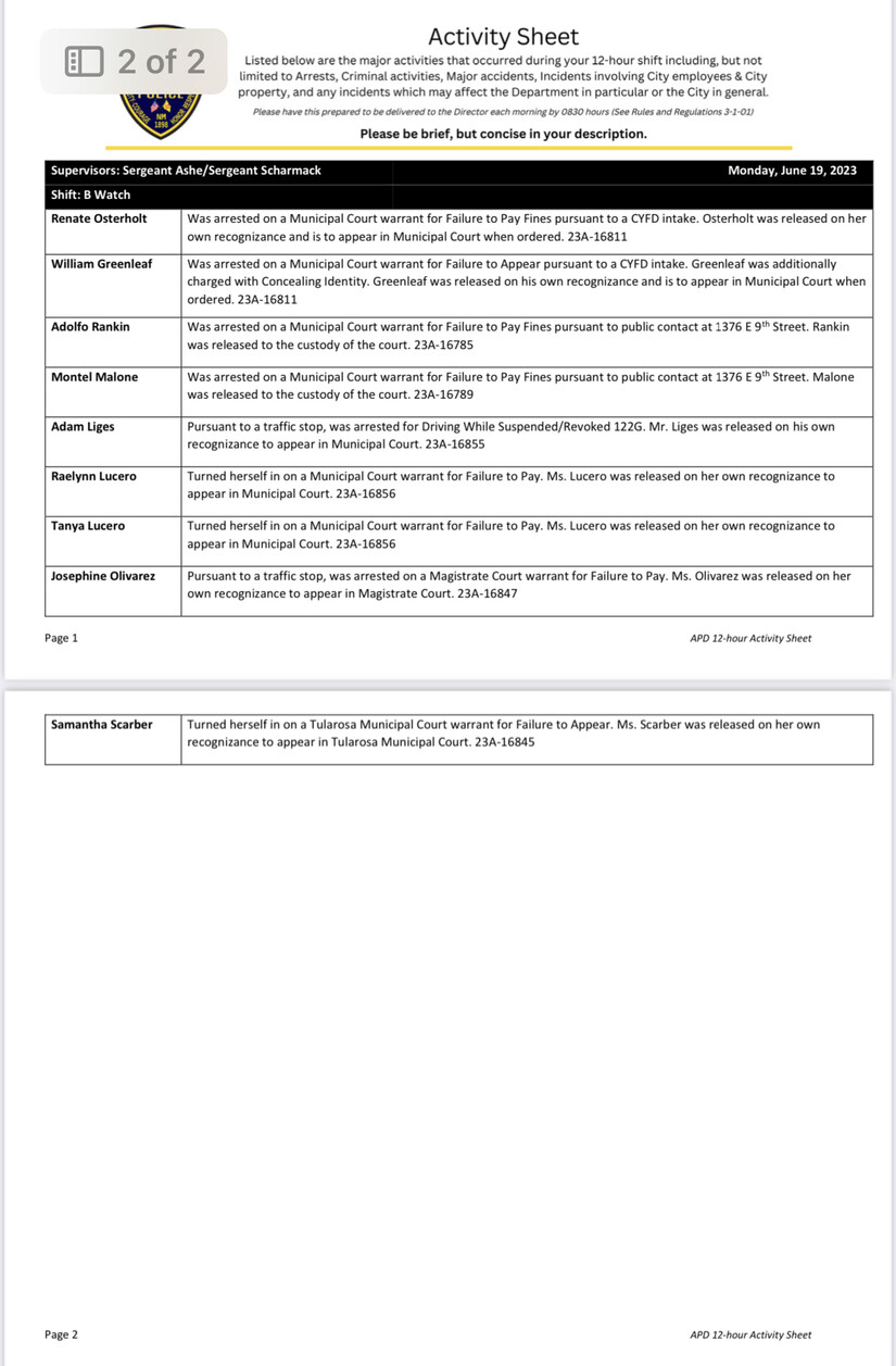 Alamogordo Police Activity Logs June 19th thru 21st, 2023 2nd Life