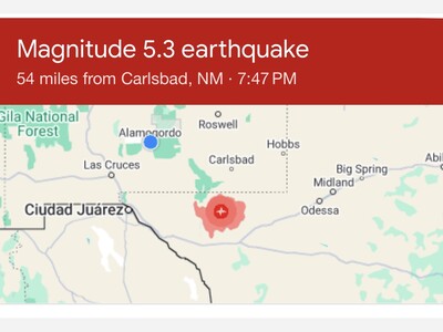 5.3 Earthquake Near Carlsbad Felt in Alamogordo 7:47 pm Saturday 