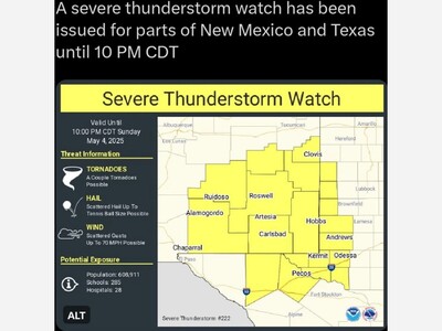 NWS Severe Thunderstorm Watch till 9 pm for Southern New Mexico's and Parts of Texas