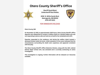 Suspicious Death Reported to Otero County Sheriff's Department Prompts Major Crimes Investigation