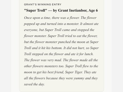 Local First Grader Wins National Writing Competition — Featuring a Monster, a Troll, and a Tiger