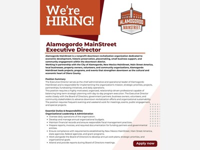Alamogordo MainStreet Celebrates Downtown Success and Seeks New Executive Director to Expand Momentum