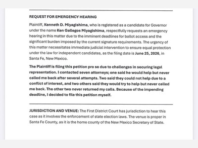 Exclusive: Former Las Cruces Mayor Ken Miyagishima Files Emergency Petition Challenging New Mexico’s Independent Gubernatorial Signature Requirements