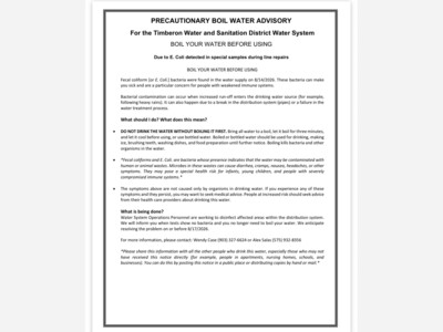 Aug 14th thru 17th, 2026 MANDATORY BOIL WATER ADVISORY ISSUED FOR TIMBERON WATER DISTRICT